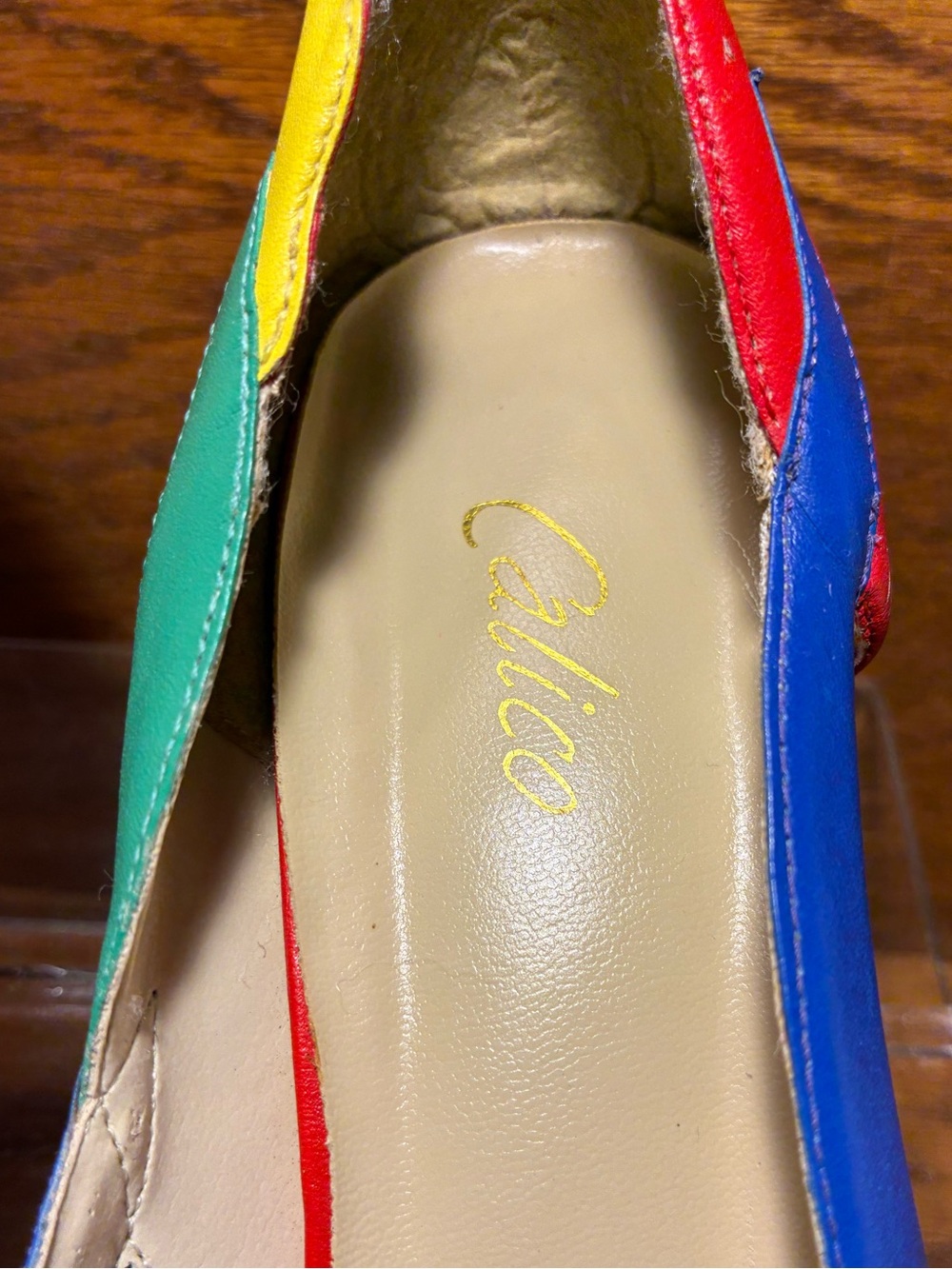 Vintage 80s 90s Calico Colorblock Leather Peep Toe Heels Size 10 - Picture 8 of 16